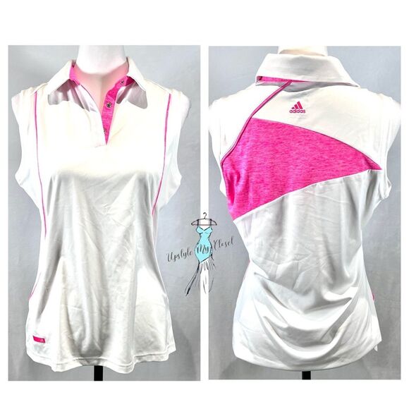 Adidas Golf Puremotion driFit white and pink sleeveless polo top size medium - Picture 1 of 6
